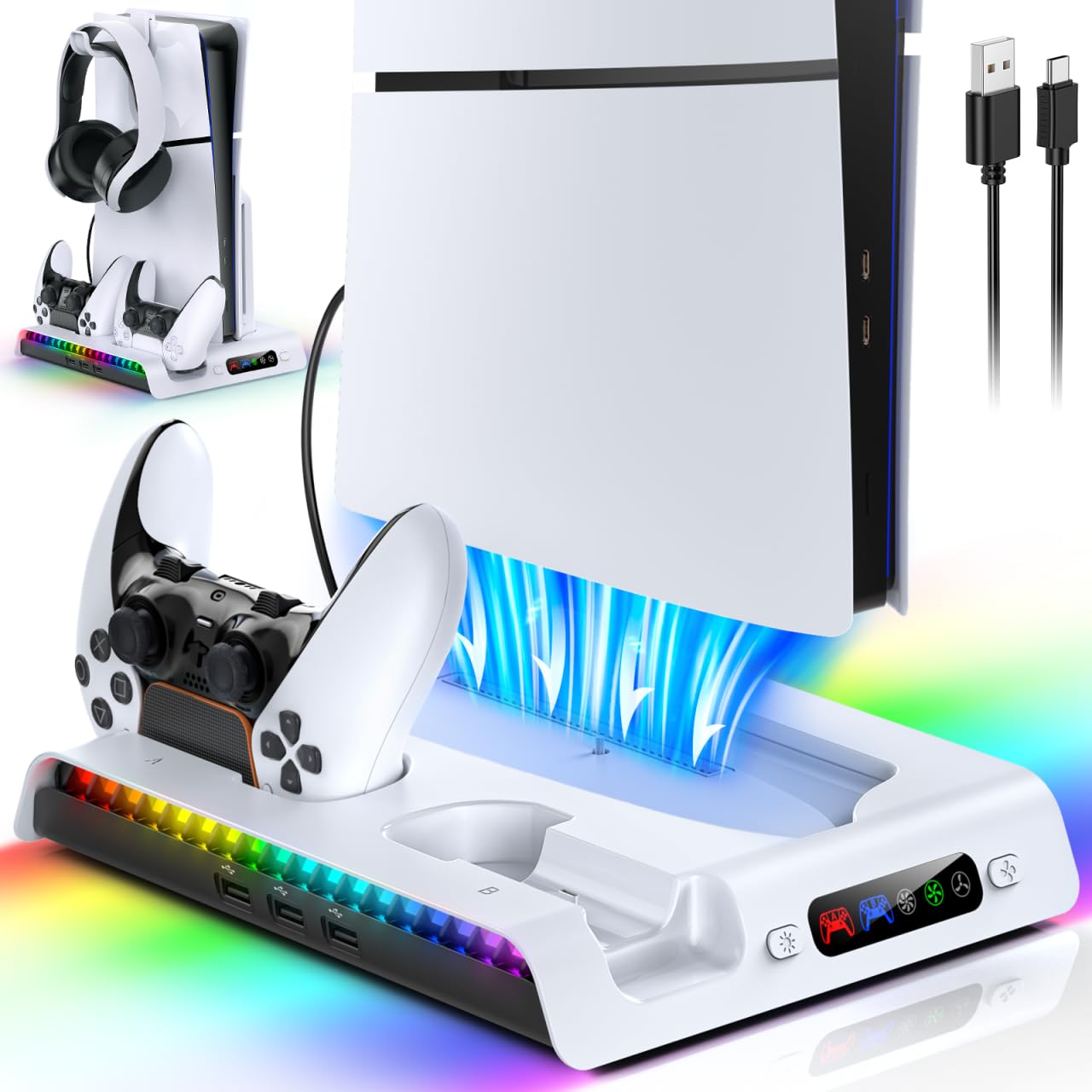 FASTSNAIL Charging Stand with Cooling Fan for PS5 Pro/Slim Console, Vertical Controller Charger Station with 9 RGB Lights & Headset Hook & 3-Level Silent Fan, Cooler Accessories for PS5 Pro/Slim