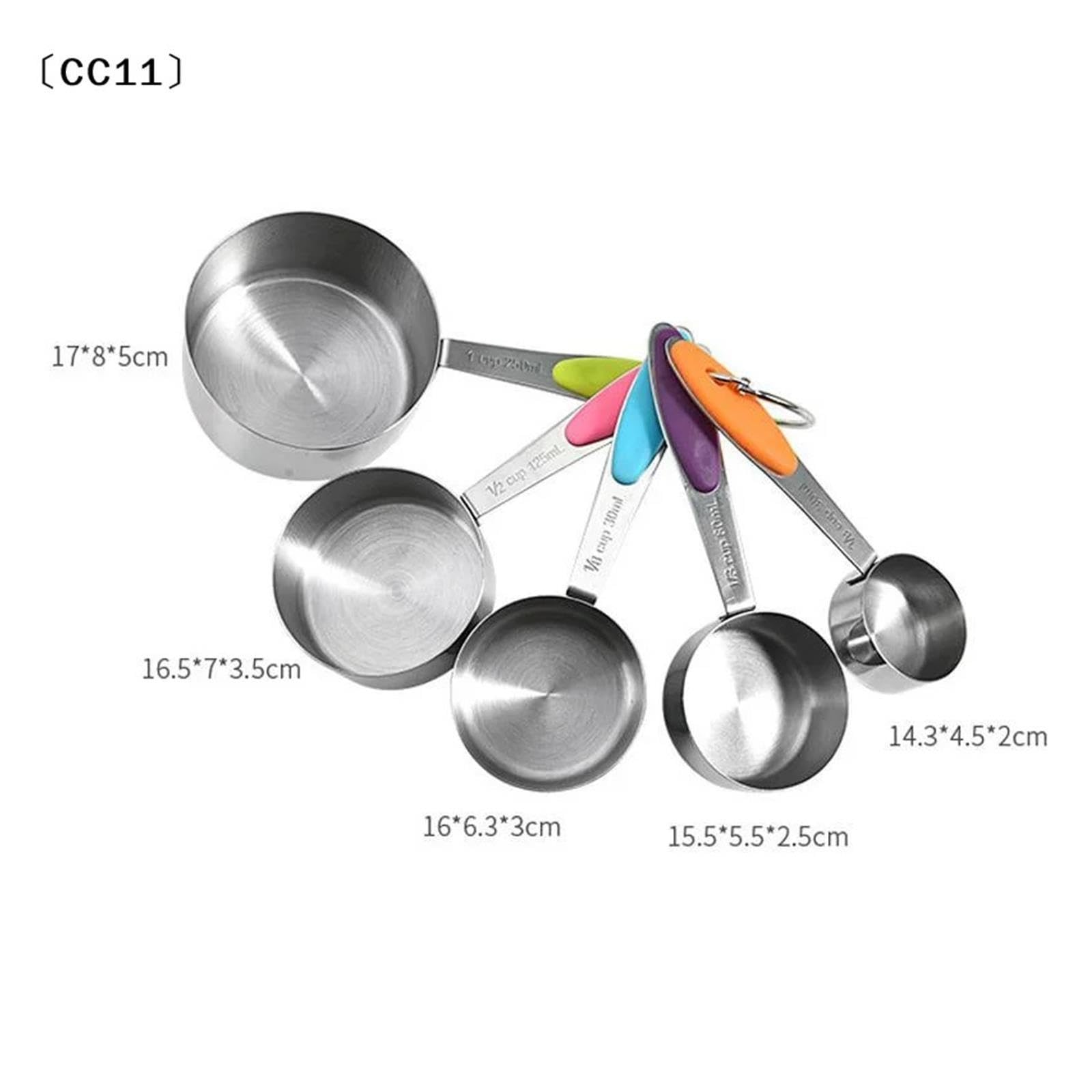 Juego de 5 tazas medidoras de acero inoxidable, cocina y repostería | Apto para lavavajillas, forma redonda para frascos de especias, mangos grabados, se cuelga con aro(Grey)