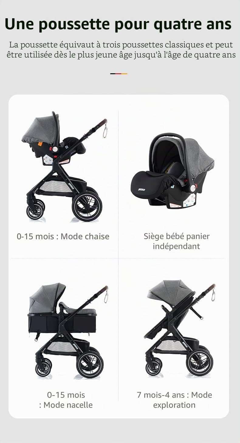 Poussette 3 en 1 Citadine Combinée Tricycle Baby Walker Haute Paysage Pliante Trolley Bébé Landau 0-36 Mois Kaki