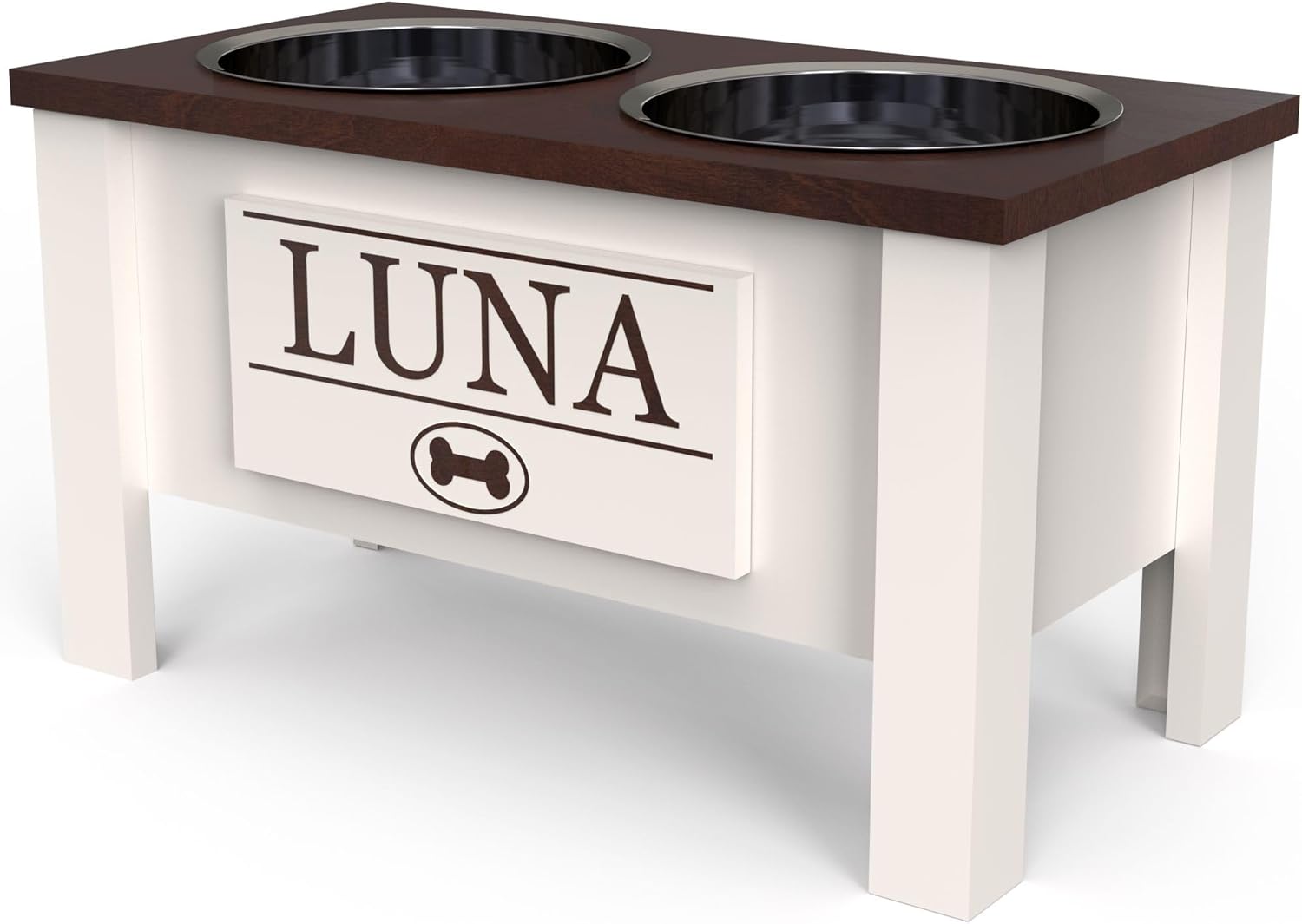 GTW Elevated Dog Bowl Stand for Large Dogs - Customized Feeding Station with Storage & Stainless Steel Bowls (Large, Dark Walnut)