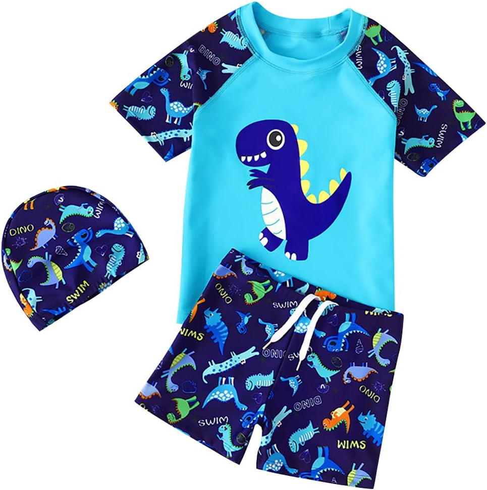 YAGATAToddler Boys 3 Pieces Swimsuit Set Boys Swimwear Dinosaur Bathing Suit Rash Guards UPF 50+