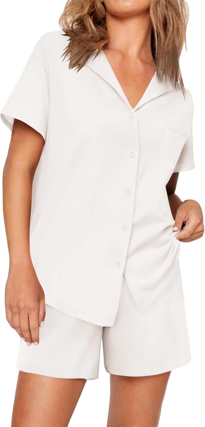 Ekouaer Womens Ribbed Knit Pajama Set Short Sleeve Soft Comfy Pj Set 2 Piece Lounge Set with Pockets Sleepwear S-XXL Large White