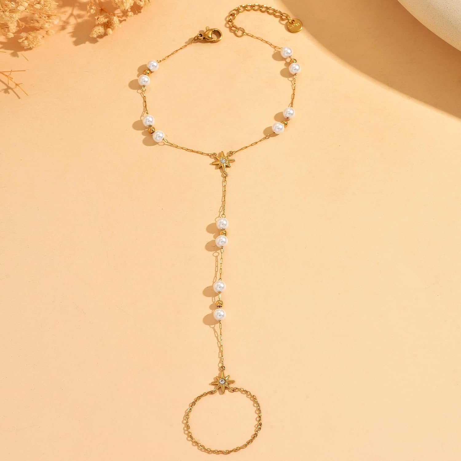 Gold Hand Chain Bracelet for Women 18K Gold Plated Stainless Steel Ring Bracelet Hand Chain with Pearl Star CZ Adjustable Hand Jewelry Chain Gifts