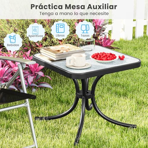 Mesa de centro metálica resistente con tablero de cristal templado 8
