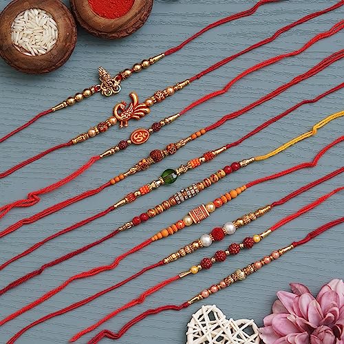 Image of eCraftIndia Red Blue Round Designer Rakhi for Brother Bhaiya Bhai | Roli Chawal Pack | Rakhi Combo
