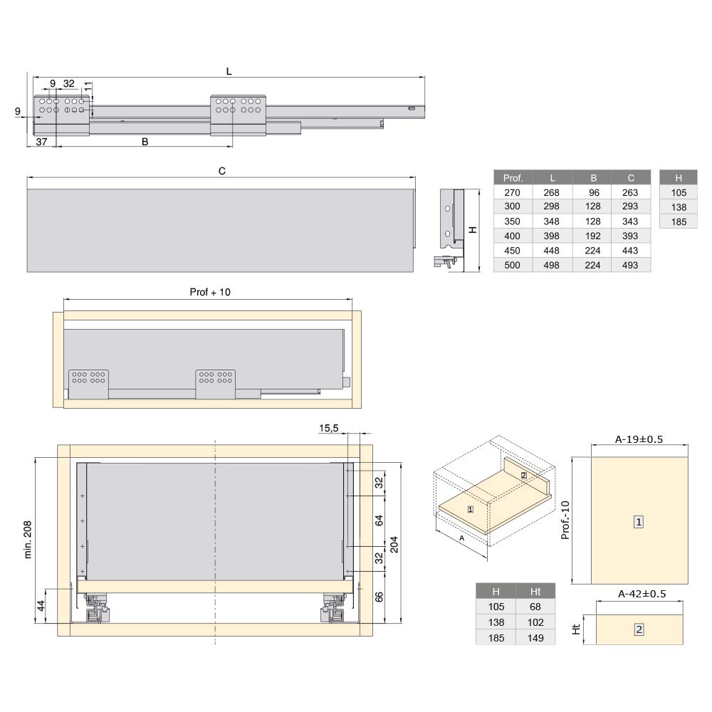 Emuca - Kit système tiroir pour Cuisine ou Salle de Bain avec coulisses à Extraction Total et Fermeture amortie, Hauteur 185mm et Profondeur 500mm, Gris Anthracite