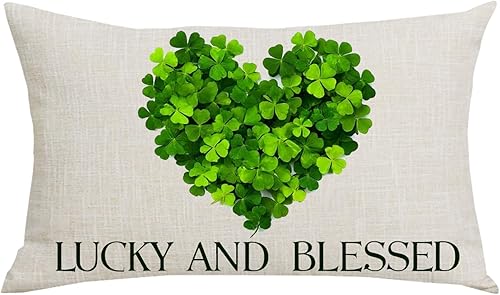 Green Clovers Love Lucky and Blessed Happy St. Patrick's Day Home Sofa Chair Bed Decor Lumbar Funda de almohada de algodón y lino decorativo Funda