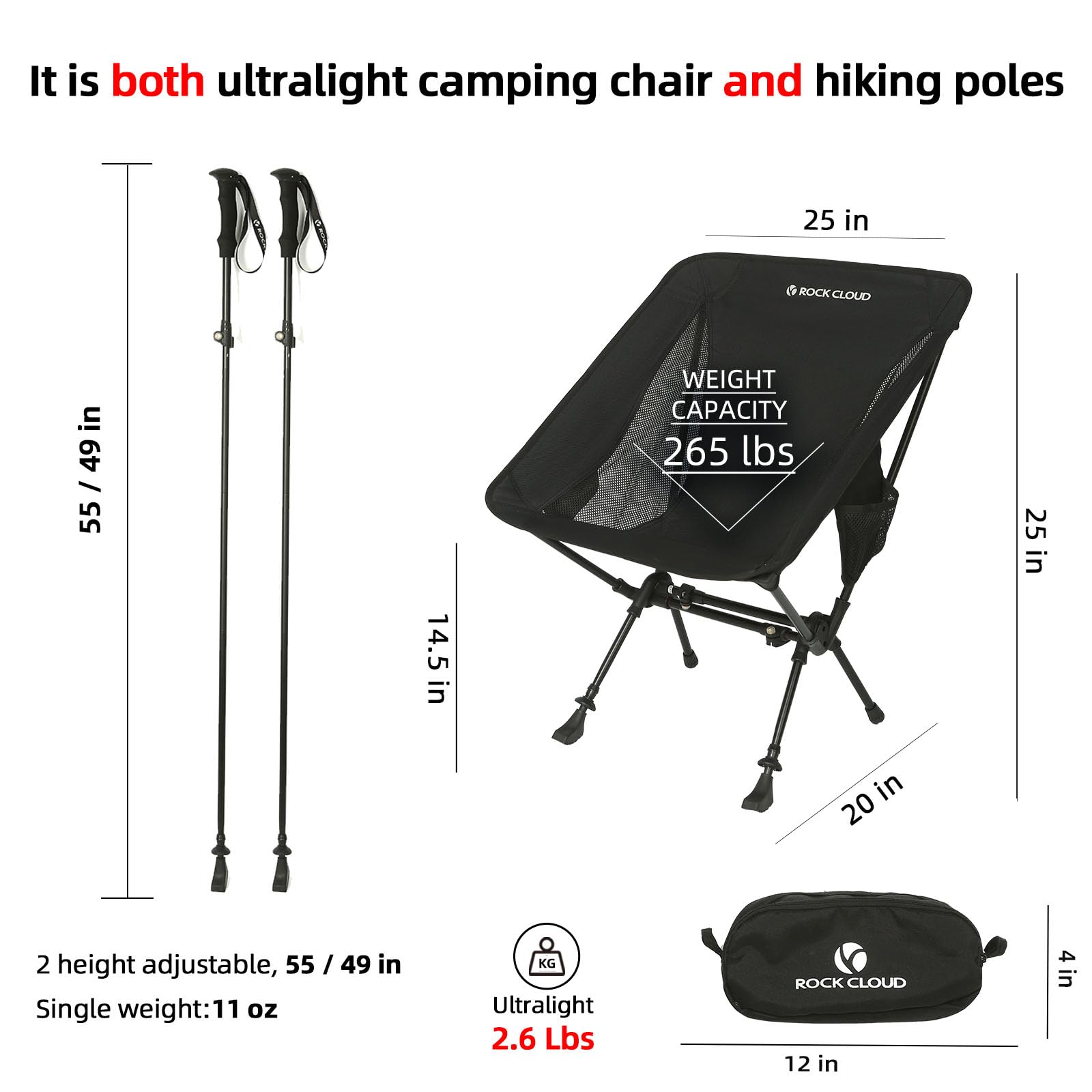 ROCK CLOUD Portable Camping Chair Ultralight Folding Chairs and Trekking Pole 2 in 1 for Outdoor Camp Hiking Backpacking Lawn Beach Sports
