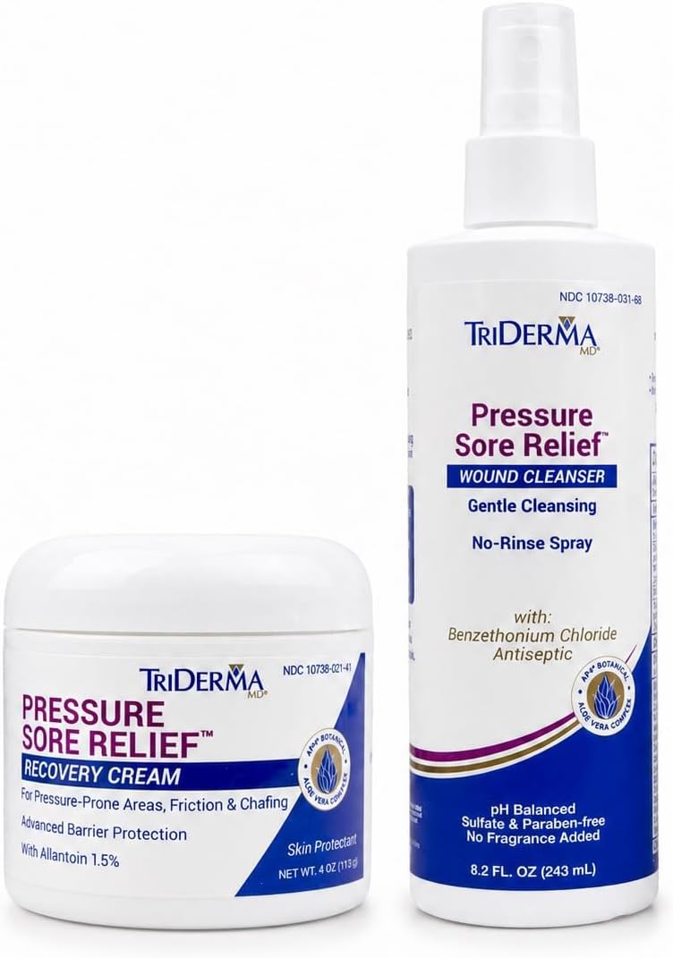 TriDerma MD Pressure Sore Relief Healing Cream & Wound Cleanser - FSA Eligible - Bed Sores, Ulcers, Pressure Sores and Wounds Bundle, (1) 4 oz jar, (1) 8.2 oz Spray Bottle