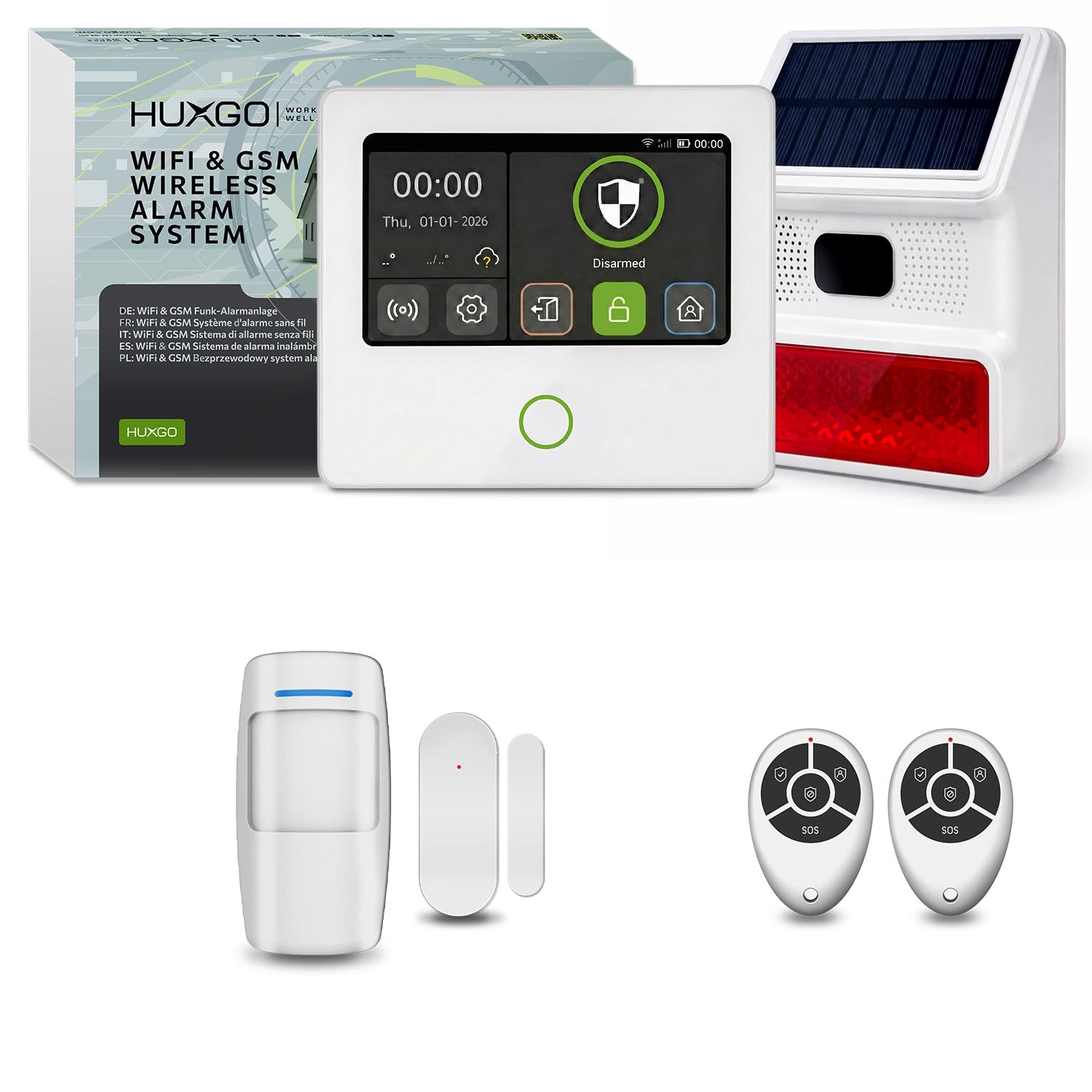 Kit antifurto casa wireless WiFi + GSM con sirena solare | Sistema allarme casa senza fili con 1x sensori di movimento, 1x sensori per finestre/porte | Compatibile con TUYA - Modello HUXGO HXA502