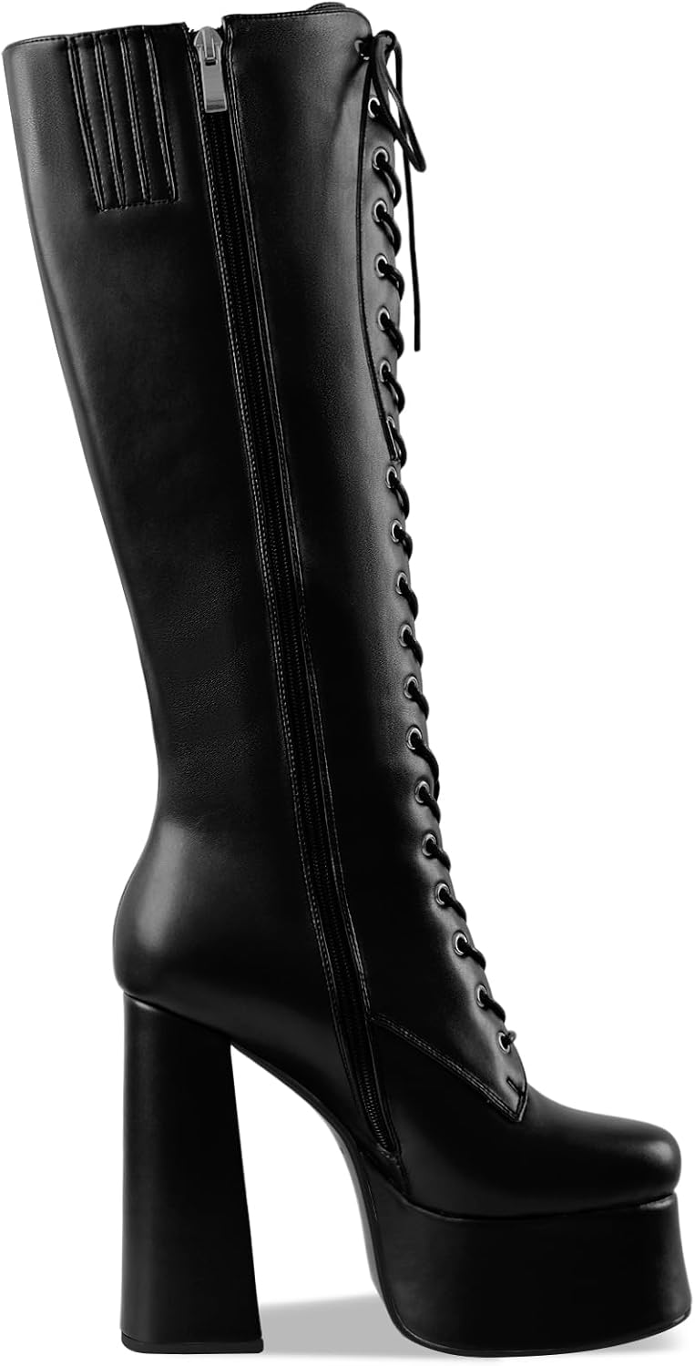 Women's High Chunky Heel Platform Knee High Boots Fashion Leather Lace Up Heeled Long Boots Wide Calf - Image 4