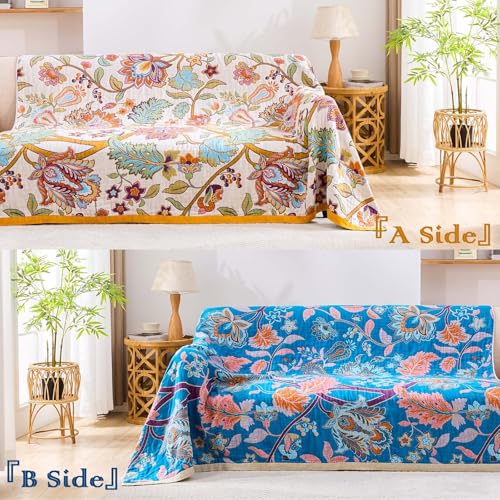Image of XIBLC Boho Throw Blanket for Bed, 100% Cotton Soft Rustic Quilt Fall Blanket, 50 inchx60 inch Floral Printed Farmhouse Decor Bed Blankets, All Season Rustic Reversible Bohemian Throw Quilt