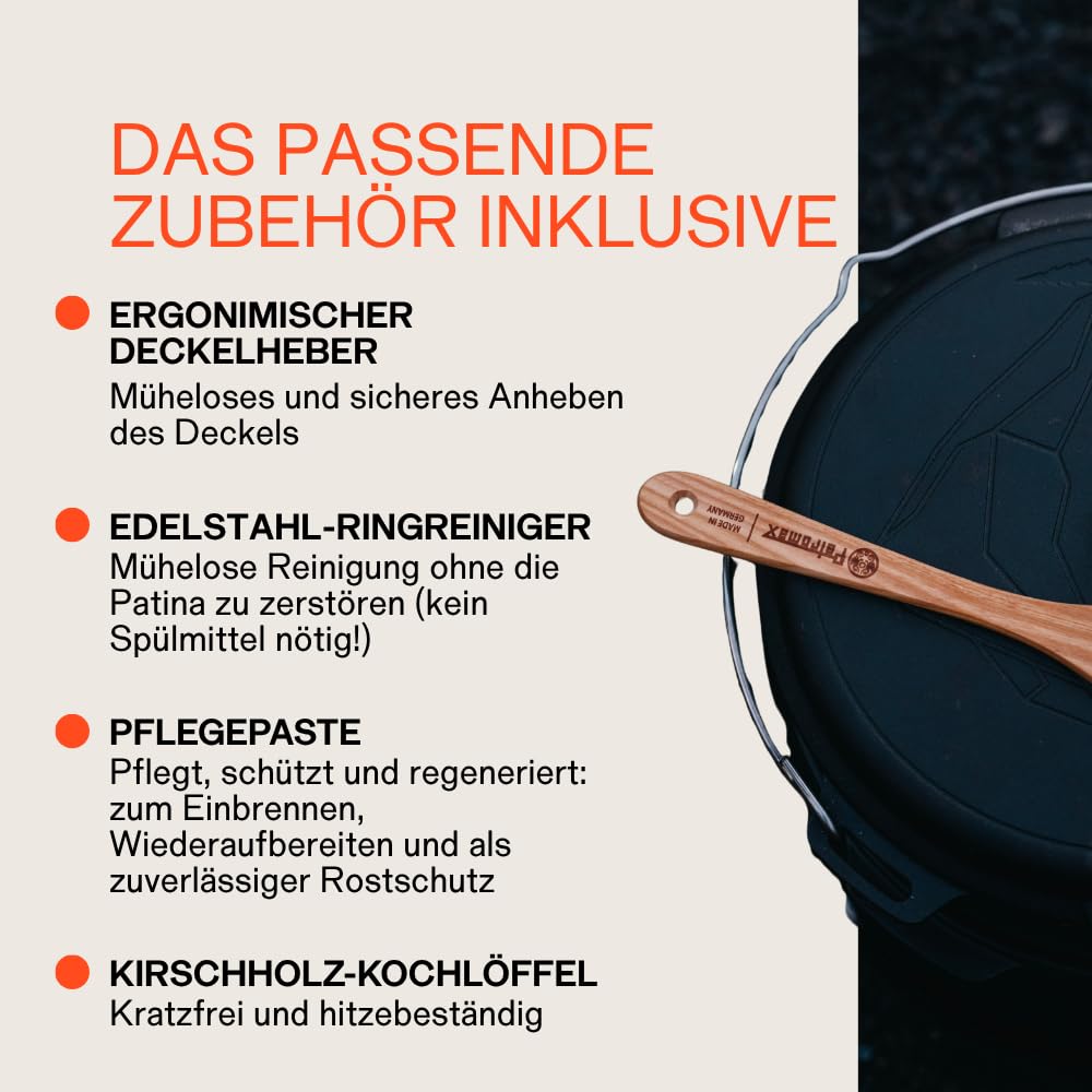 Petromax Dutch Oven ft9-t Komplettset – Feuertopf 7,5 L Gusseisen | Mit Deckelheber, Pflegepaste, Ringreiniger & Kirschholz-Löffel. Deckel als Pfanne. Für Grill, Ofen & Feuer, 8-14 Pers.