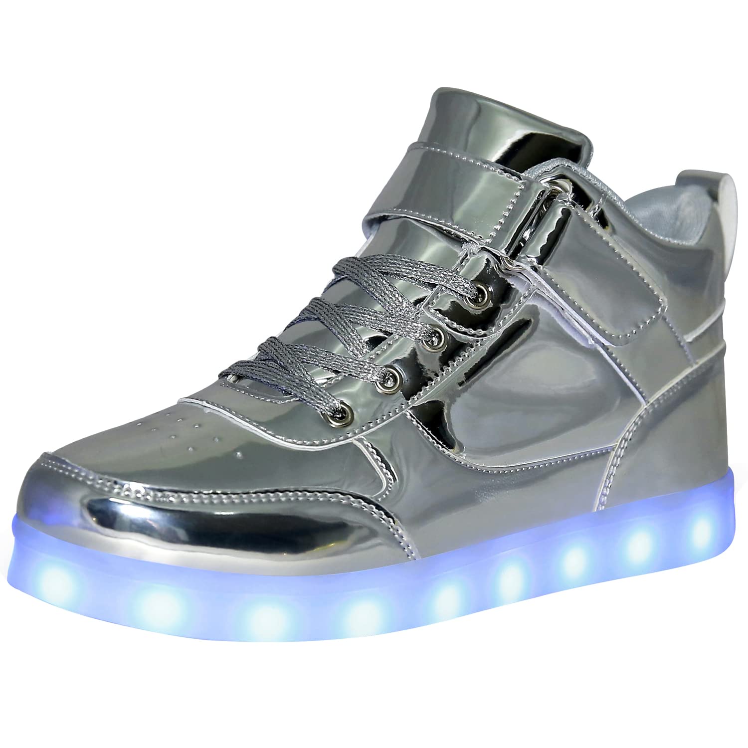 JEVRITE Unisex LED Light Up High Top Sneakers - USB Charging for Women & Men - Couples Shoes: 10.5 Women/8.5 Men Silver