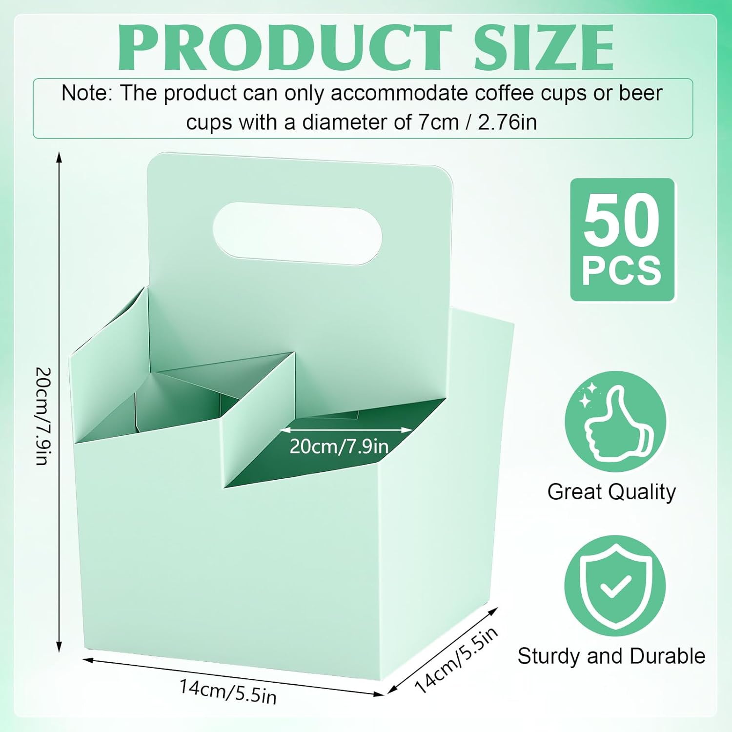 Jetec 50 Pcs 4 Cup Drink Carrier with Handle, Kraft Paperboard Beer Carrier, Disposable Drink Holder for Hot or Cold Drinks, 12-16 oz Bottle Holder for Food Delivery Beverages (Green)