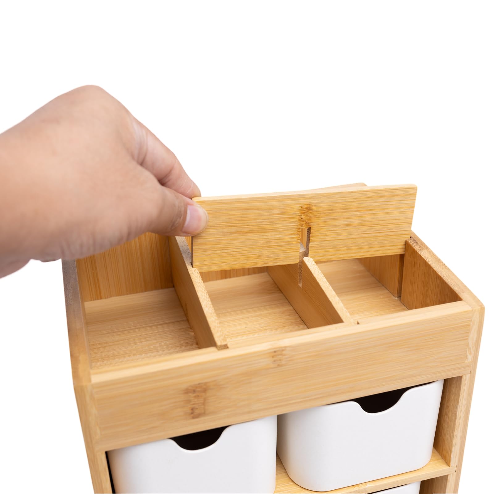 Bambus-Make-up-Organizer mit 3 Schubladen, Kommode, Kosmetik-Organizer, Bambus-Schreibtisch-Organizer für Zuhause mit verstellbaren Trennwänden