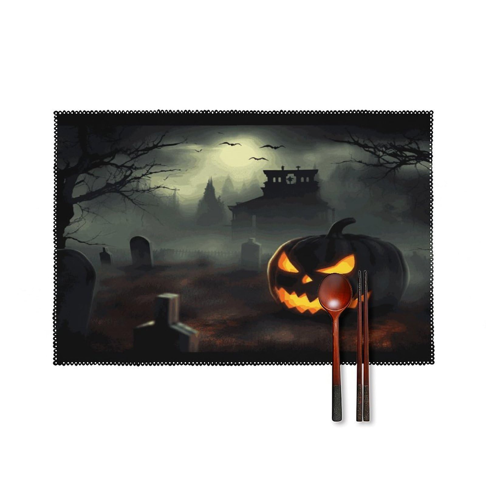 Btcowzrv Style Halloween Horror Canvas Placemats Set Of 6, Wipeable Washable Place Mats For Indoor & Outdoor, Table Mat Decor For Kitchen Dining Party