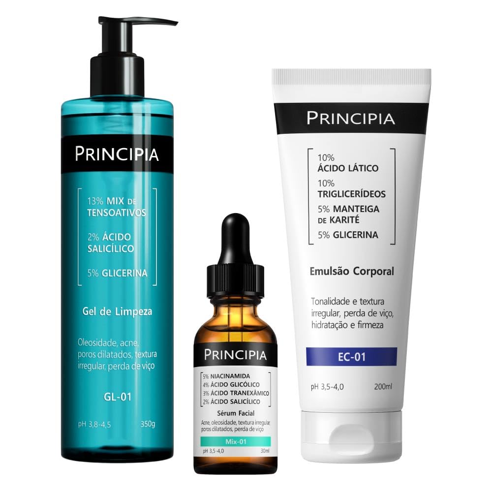 Principia Kit Tio Anti Acne E Queratose Pilar: com um gel de limpeza com ácido salicílico e glicerina, um sérum com mix de quatro ativos contra acne e oleosidade e uma emulsão corporal com ácido lático, manteiga de karité e glicerina