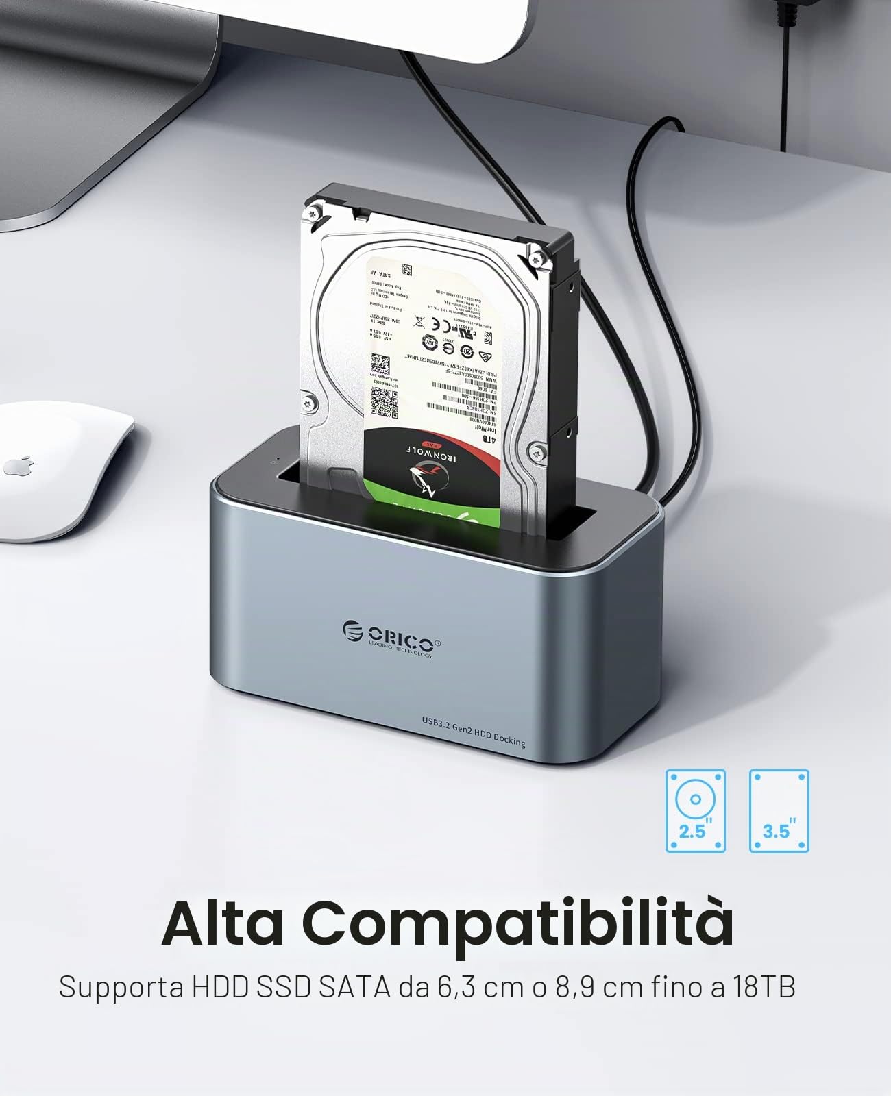 ORICO Docking Station Hard Disk per 2.5/3.5 pollici SSD/HDD, USB 3.2 Gen 2 Alluminio Hard Drive Docking Station, Supporta UASP, 1TB, 2TB, 4TB, 8TB fino a 18TB SSD, con Alimentazione.(6616C3)