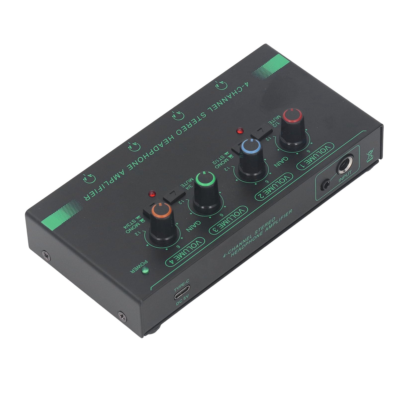 Amplificatore per Cuffie, Amplificatore Audio Mono/stereo a 4 Canali con Adattatore di Alimentazione, Mini Splitter per Cuffie per Studio e Palco, Jack per Cuffie 4×3,5 Mm e Jack
