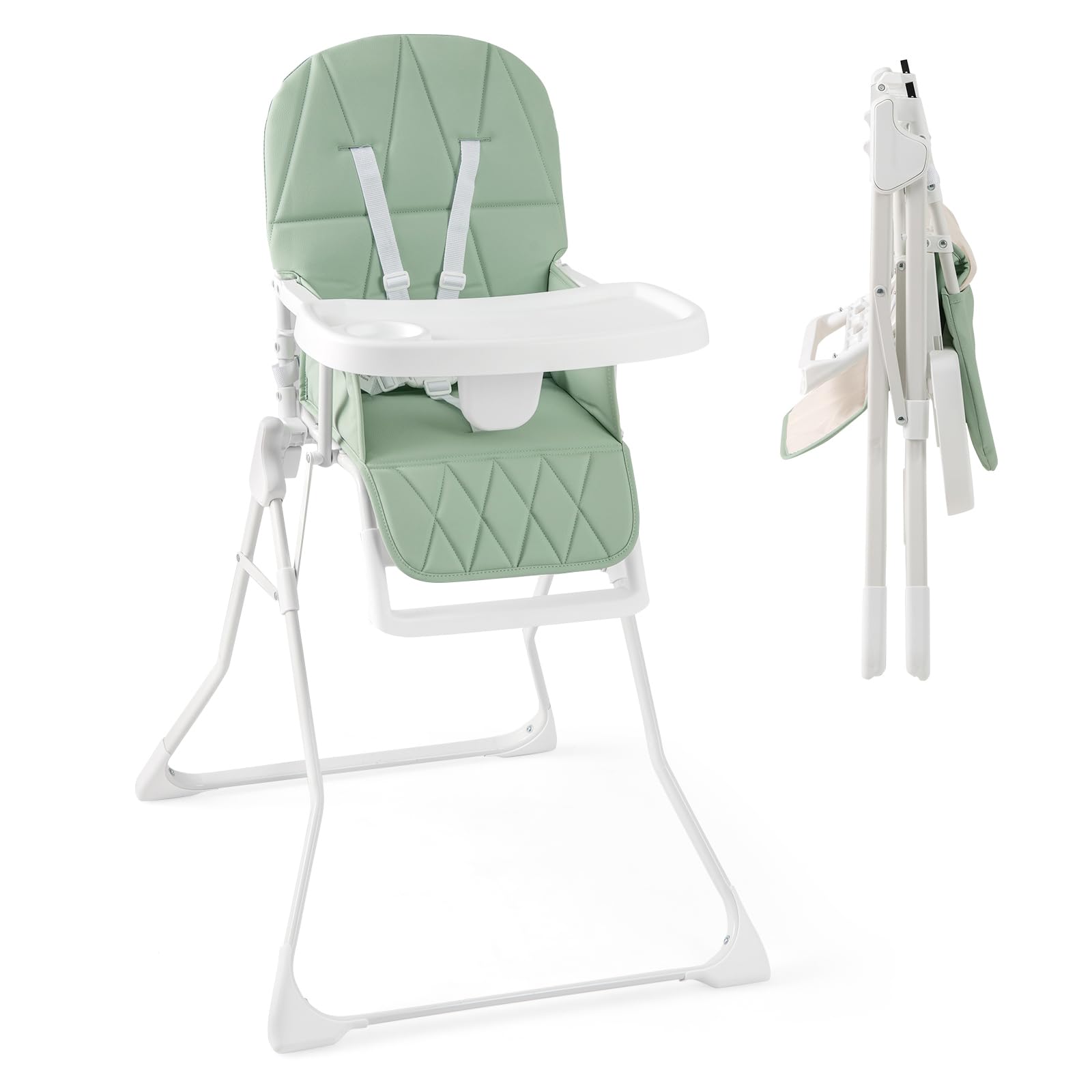 GYMAX High Chairs for Babies and Toddlers, Compact Foldable Highchairs with 3-Position Adjustable Tray & Footrest, Removable Seat Cushion, 5-Point Safety Harness, Portable Baby Feeding Chair (Green)