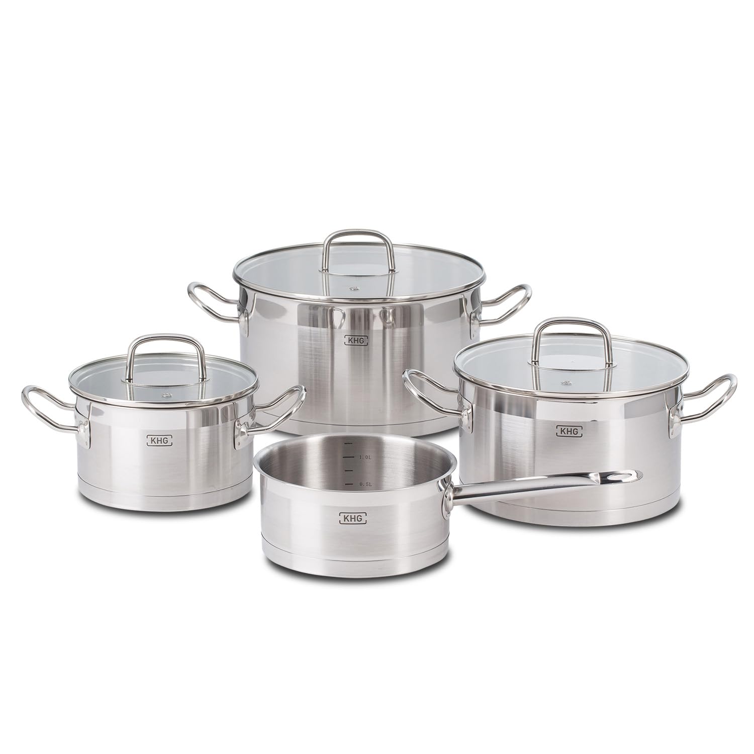 KHG Topfset 4-teilig Edelstahl Induktion Kochtopf 16 cm, 20 cm, 24 cm mit Glasdeckel, 16 cm Kasserolle Innenskala, spülmaschinengeeignet