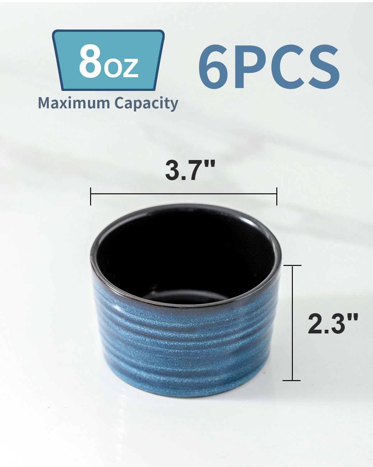 glowworm Ramequines de 8 onzas para soufflé de crema brulee, tazas de porcelana para hornear, cuencos de ramequines de estilo moderno aptos para horno, juego de 6, azul