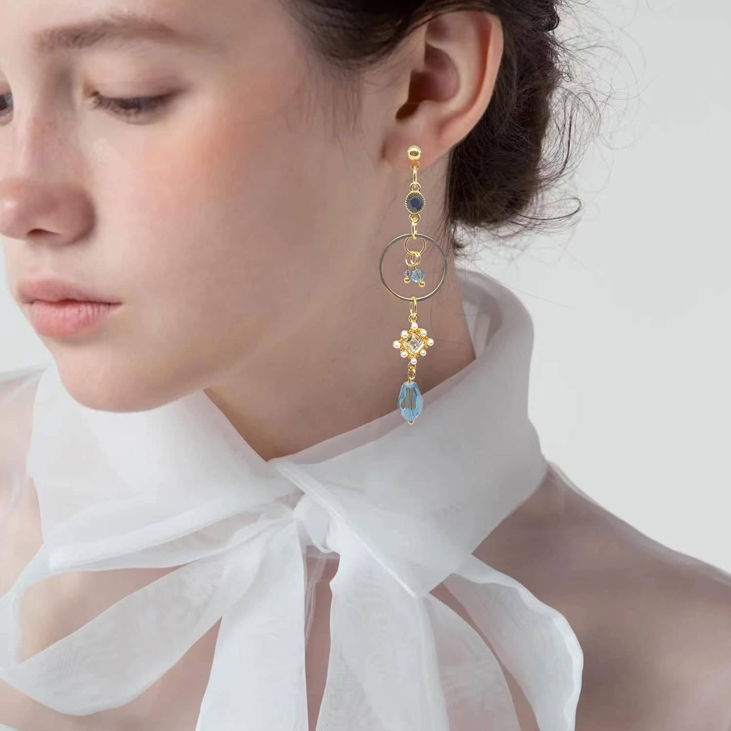 Moon Star Crystal Asymmetrical Dangle Drop Stud Earrings Vintage Bohemian Sparkly Moon Long tassel Dangle Statement Earrings for Women Girls S925 Silver Earrings Jewelry Gift - Image 4