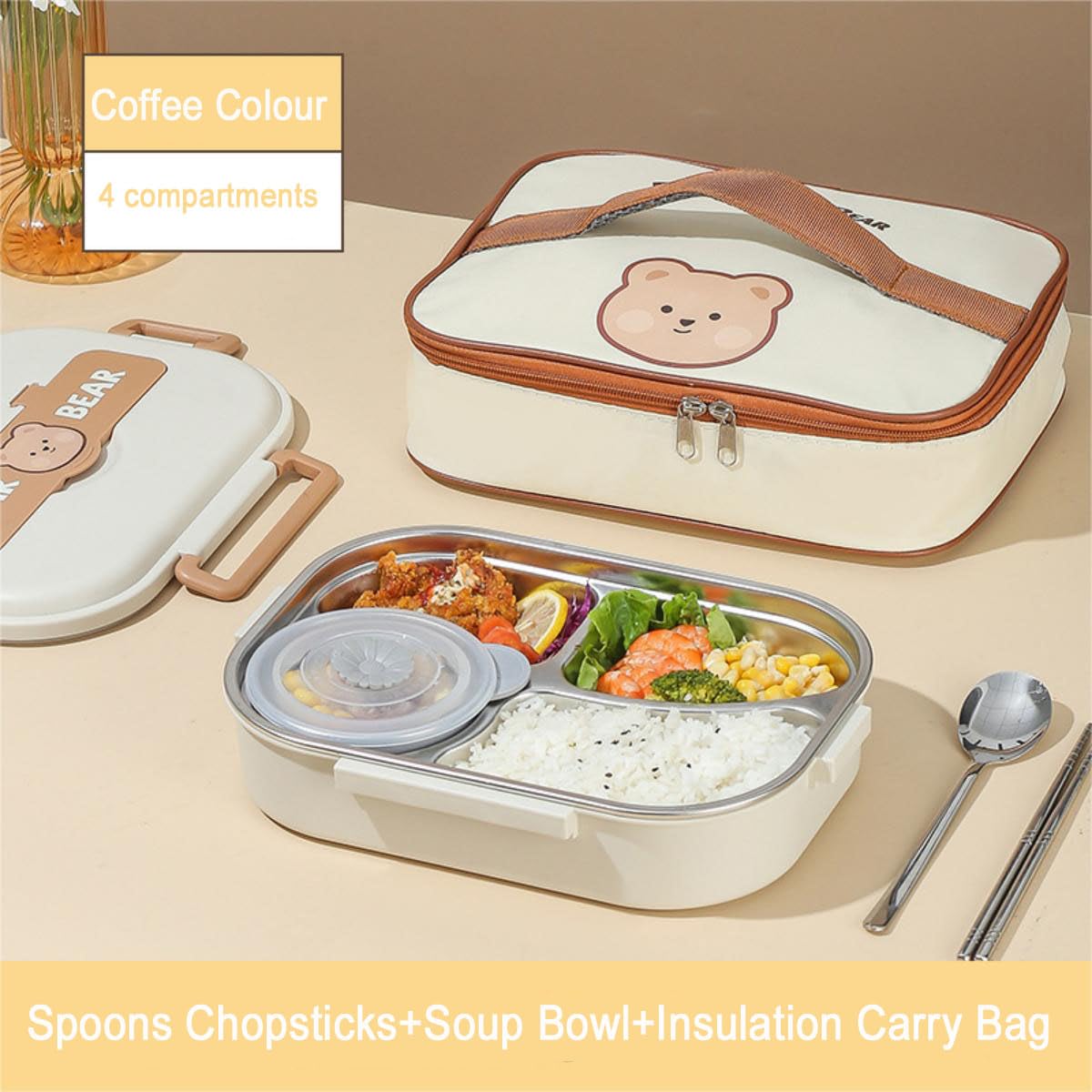LANMOU 1.5L Lunch Box Inox, Lunch Box Isotherme Repas Chaud Bento Lunch Box Micro Ondable Lunch Box Enfant Lunch Box Adulte Boite Repas Compartiment Bento Isotherme avec Sac Isotherme (4 grilles)