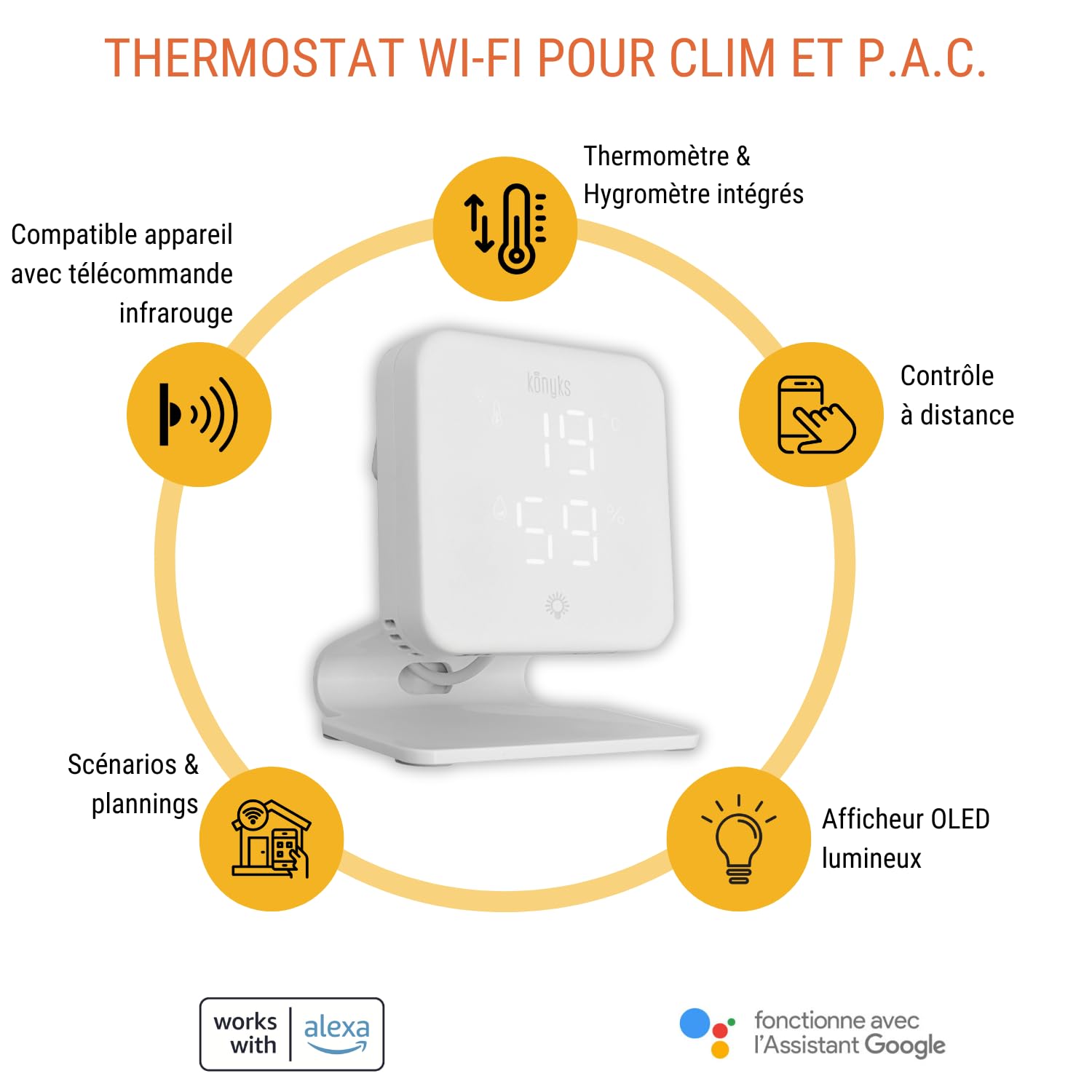 Konyks Climpac - Thermostat Wi-FI pour Climatiseurs et Pompes à Chaleur Air-Air, contrôle à Distance, Commande vocale, thermomètre et hygromètre intégrés