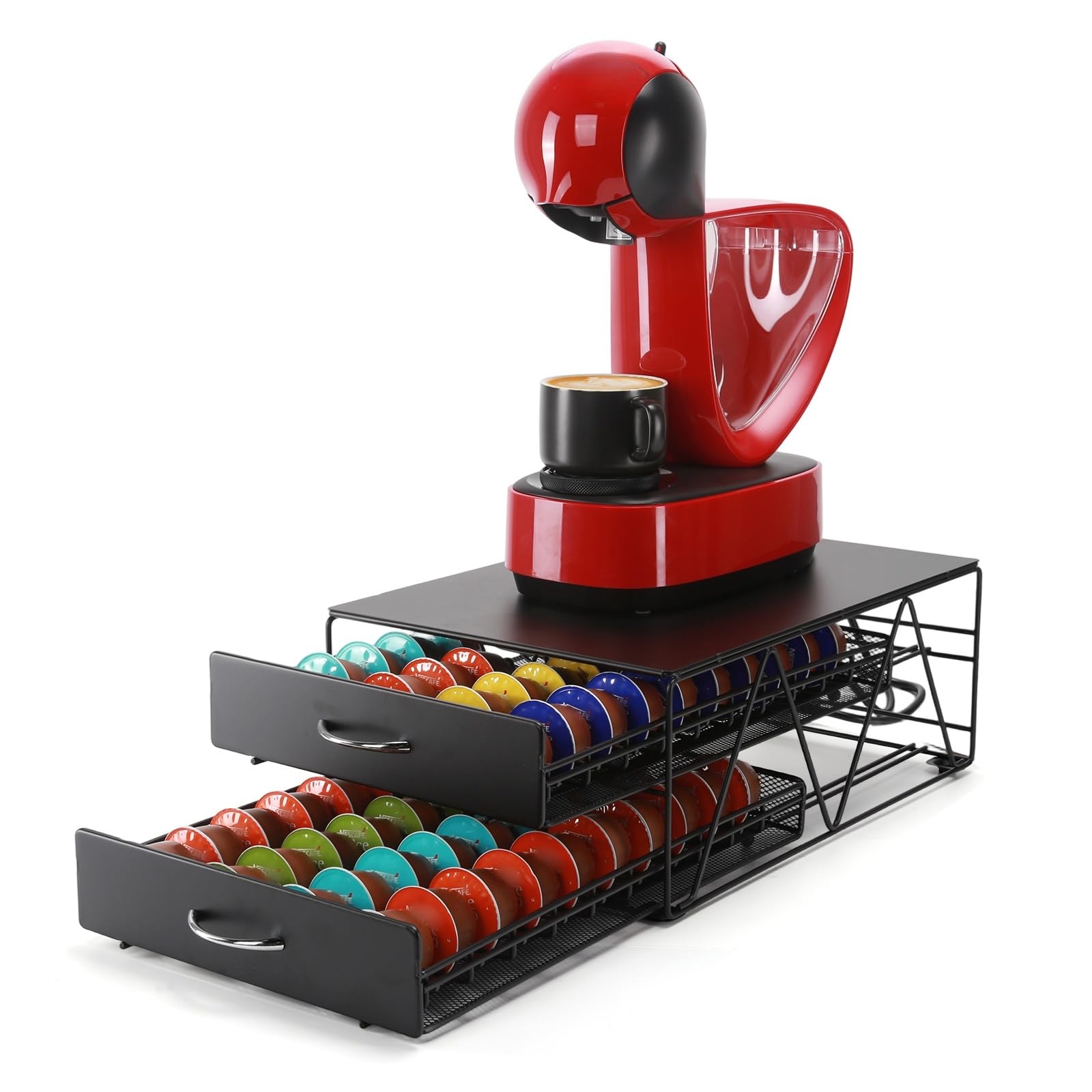 Porte Capsule pour 80 Dolce Gusto Capsules, Support de Machine à Café avec 2 Tiroirs de Rangement Dosettes, Distributeur/Organisateur Capsules en Métal