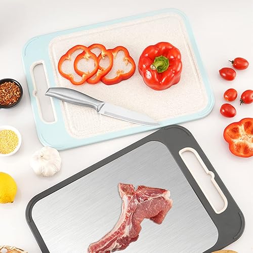 Miniatura 4 de Tabla de cortar de doble cara Tabla de cortar de acero inoxidable 304 y tabla de cortar de paja de trigo para cocina de 13.78 x 9.84 pulgadas para