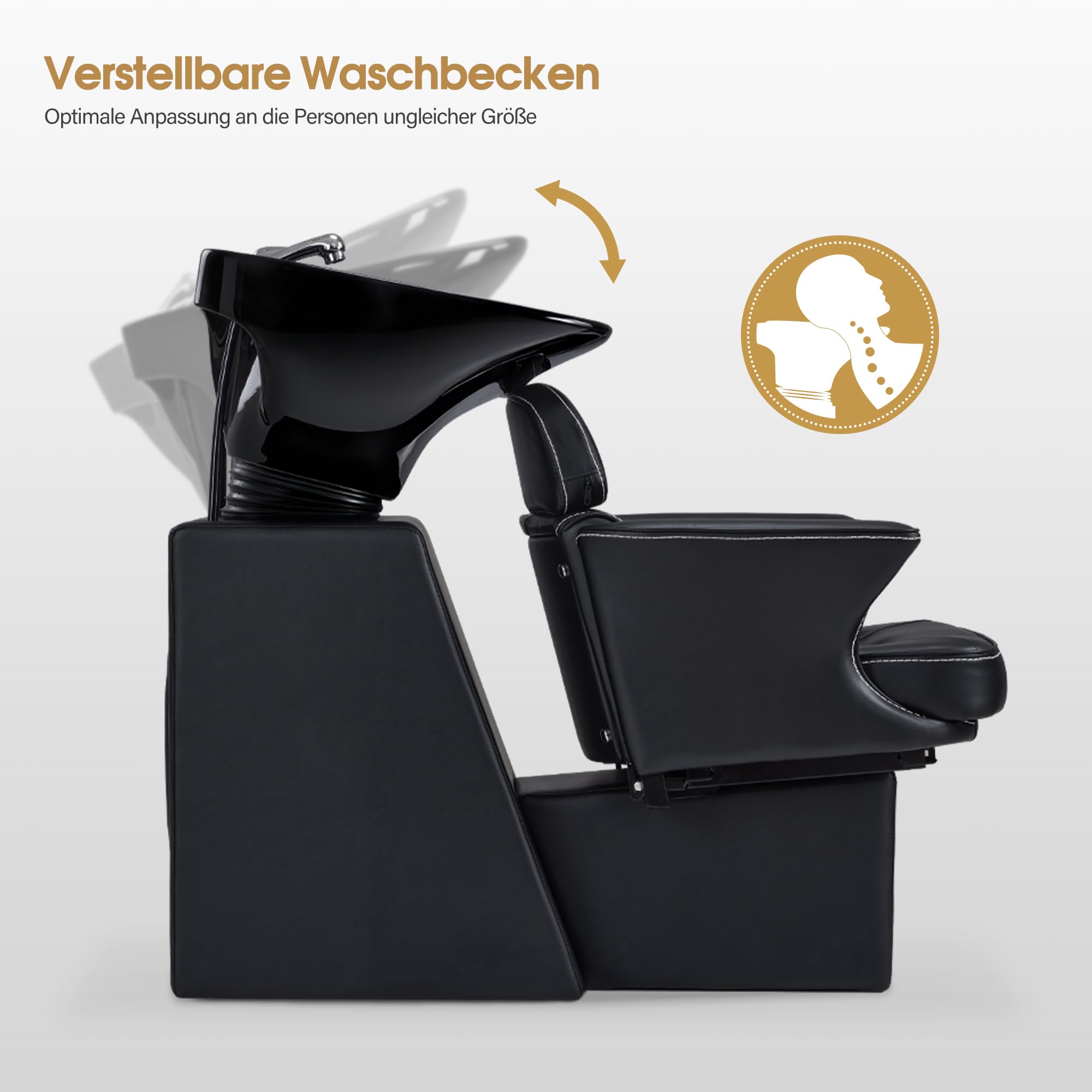Barberpub Friseurstuhl mit Waschbecken & Kippbarer Rückenlehne, Friseurwaschbecken aus Keramik Verstellbar, Moderner Friseurwaschsessel für SPA Salon, Friseur Waschplatz 8692 (Schwarz/Kunstleder)
