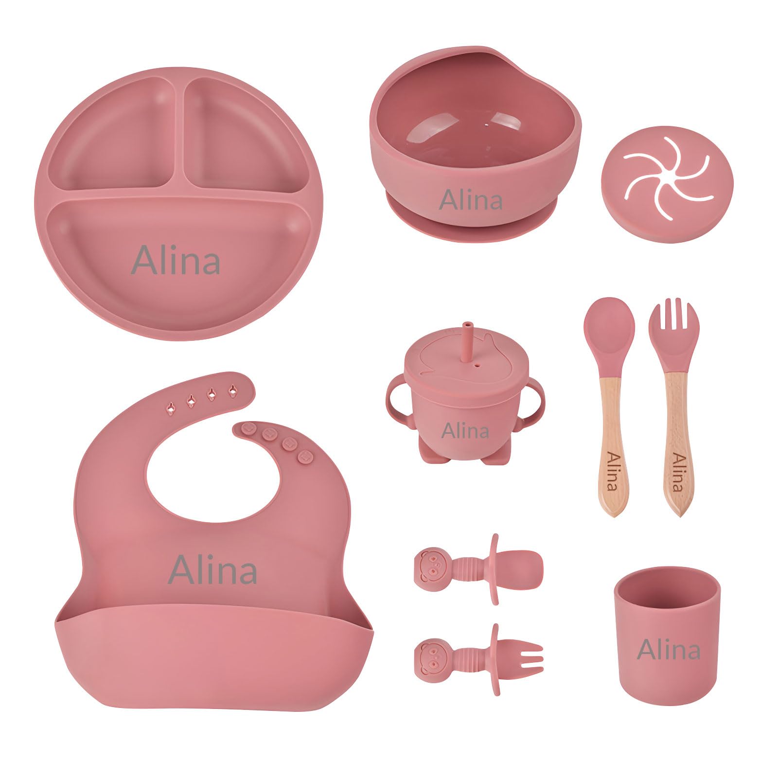 Personalisiertes Silikon-Baby-Essset mit Namen, individuelles Baby-Selbstentwöhnungsset, Selbstfütterungsgeschirr mit Löffel, Gabel, Silikon-Saugnapfschale, Tasse, Teller Ziegelrot
