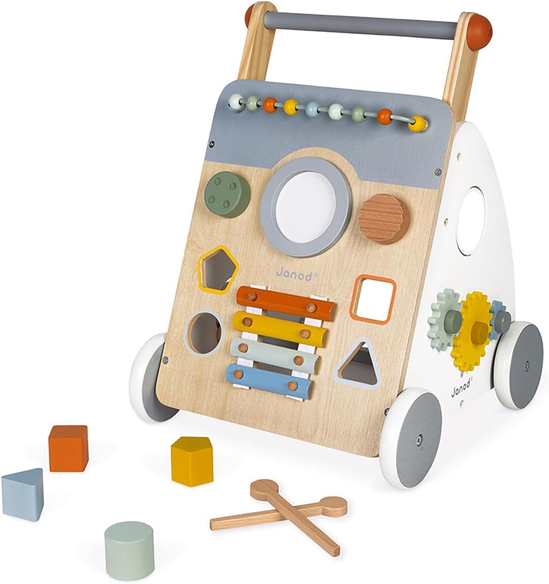 Janod - Chariot Multi-Activités Sweet Cocoon - Chariot de Marche en Bois à Pousser - 9 Activités - Roues Silencieuses, Peinture à l'eau - Jouet pour Enfants Évolutif à Partir de 12 Mois, J04410