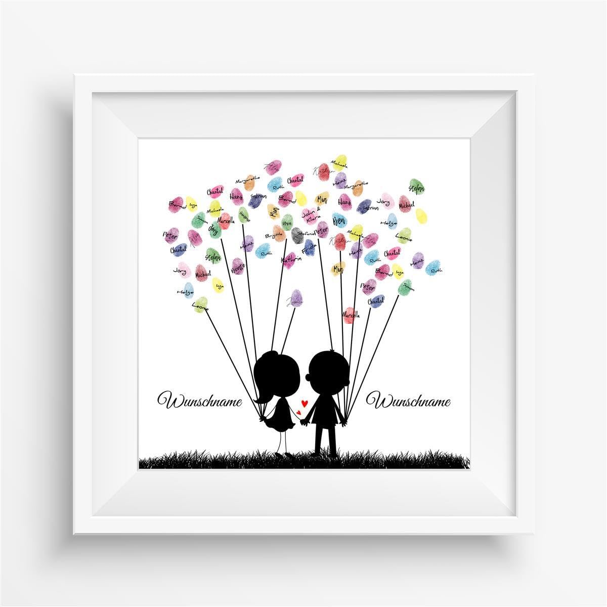 Madyes Płótno Ślub Odcisk palca Księga gości Spersonalizowana Sweet Couple dla młodej pary jako prezent, dekoracja ślubna, imiona z datą. 50 x 50 cm duży na blejtramie drewno
