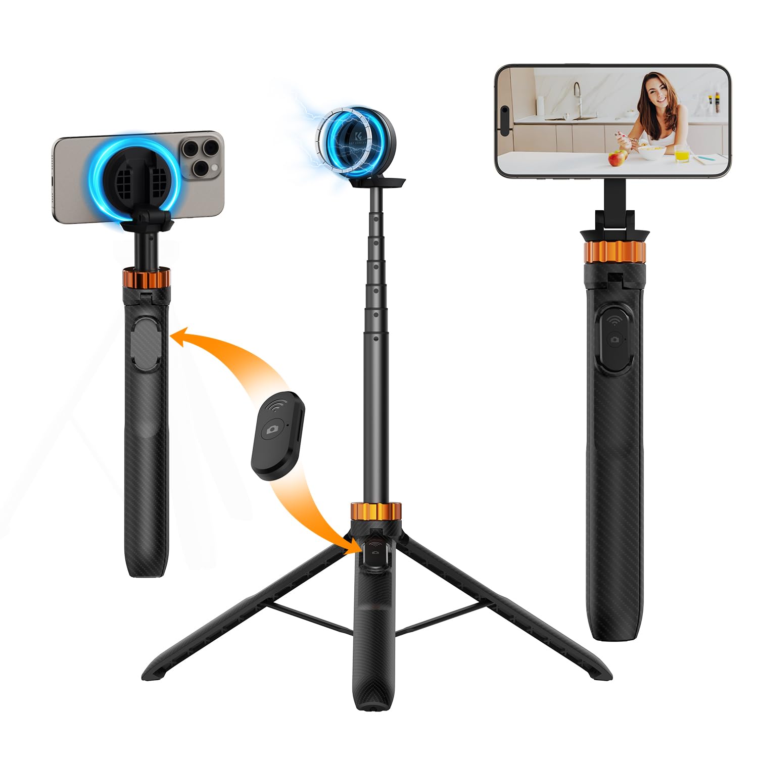 K&F Concept Bastone Selfie Magnetico MS19, Selfie Stick 162cm con Telecomando Bluetooth Staccabile, Mini Treppiede Smartphone, Selfie Stick adatto a iPhone con Anello Magsafe, per 17/16/15/14/13/12