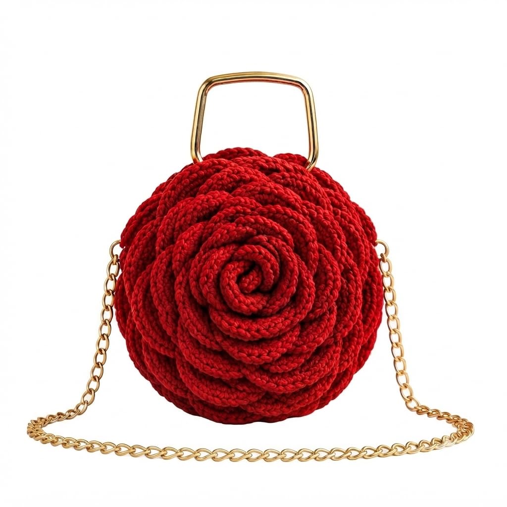 Handmade Crochet Rose Handbag Red with Gold Chain Strap-image-23