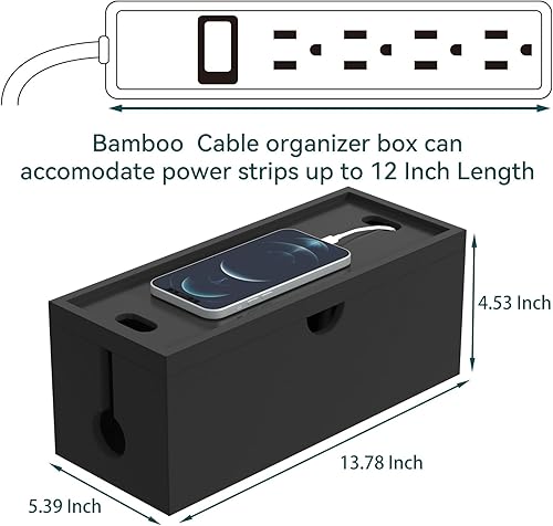 Miniatura 3 de Caja de organización de cables de bambú, caja organizadora de cables grande para ocultar cables y tiras de alimentación para almacenamiento de
