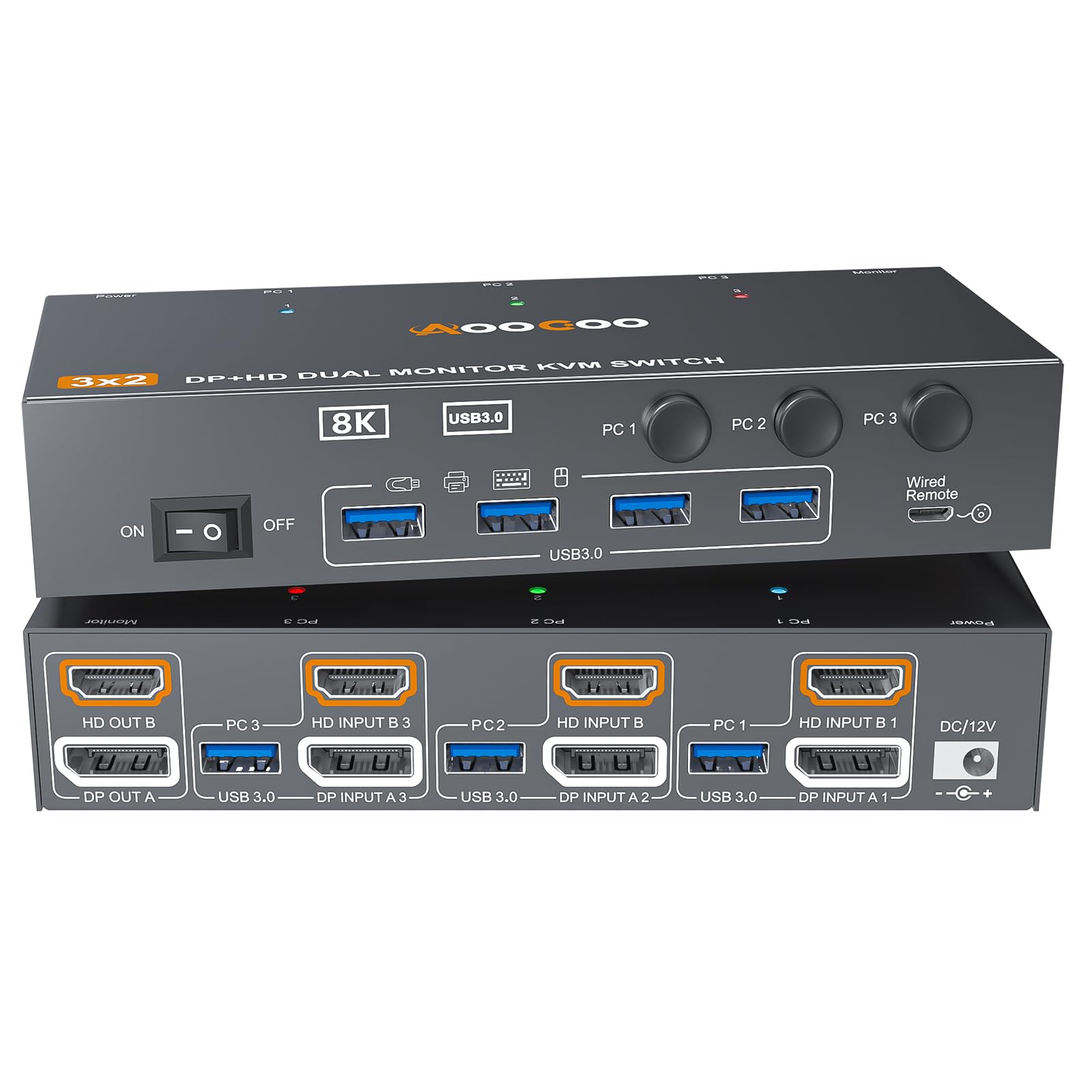 HDMI Displayport KVM Switch 3 Computers 2 Monitors, 8K@60Hz/4K@144Hz Dual Monitor KVM Switch for 3 PCs Share 2 Monitors, with 4 USB3.0 Ports, USB Cables and Power Adapter,Black 13cm HDMI DP KVM Black 13 cm HDMI DP 3 in 2 out
