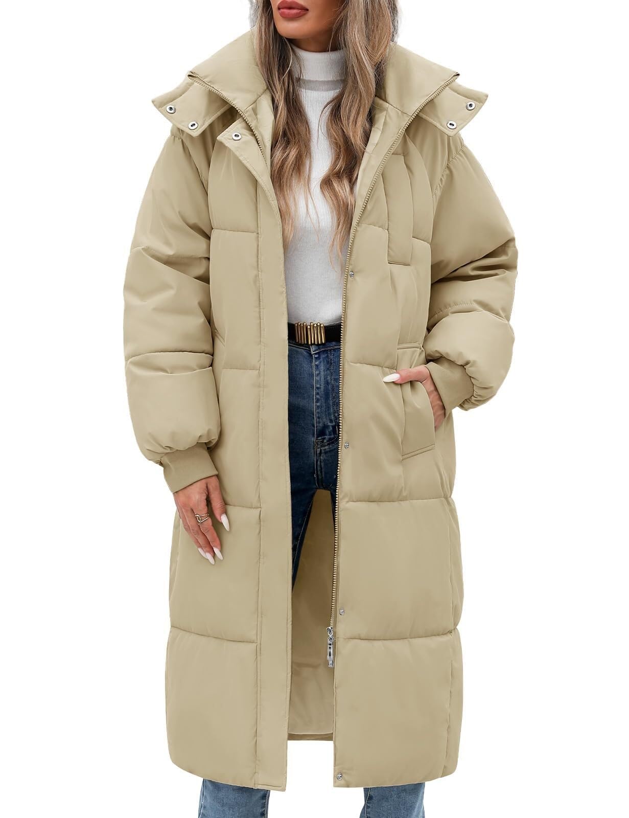 Women's Long Winter Down Coats Padded Puffer Jacket Thickened Hooded Comfort Overcoat Zip Up Hoodie Longline Parka With Pockets For Warm Outwear Outdoor Hiking(Khaki,Medium)