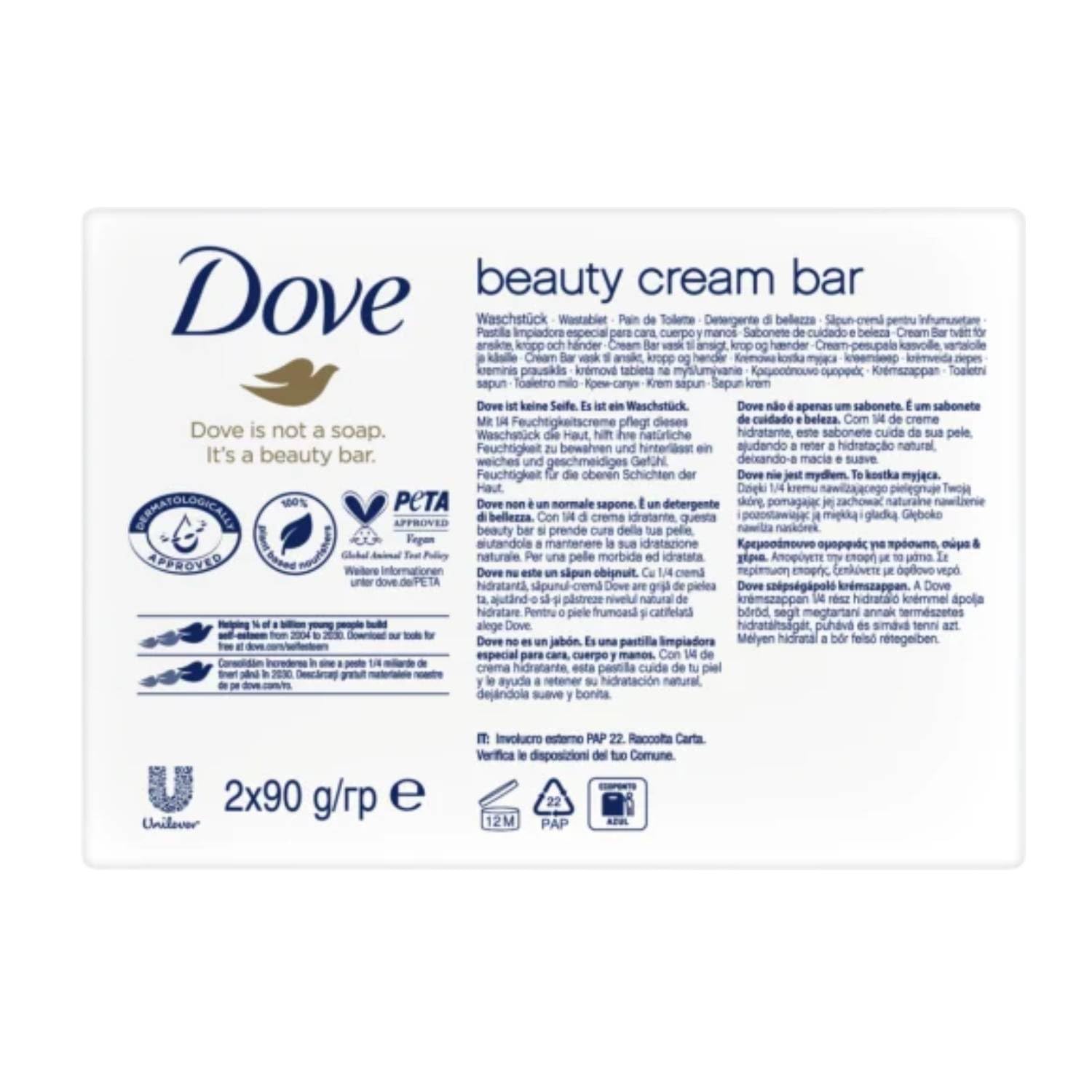 Dove Beauty Cream Bar Classica Saponetta Solida Idratante 2x90 GR 12 Unità
