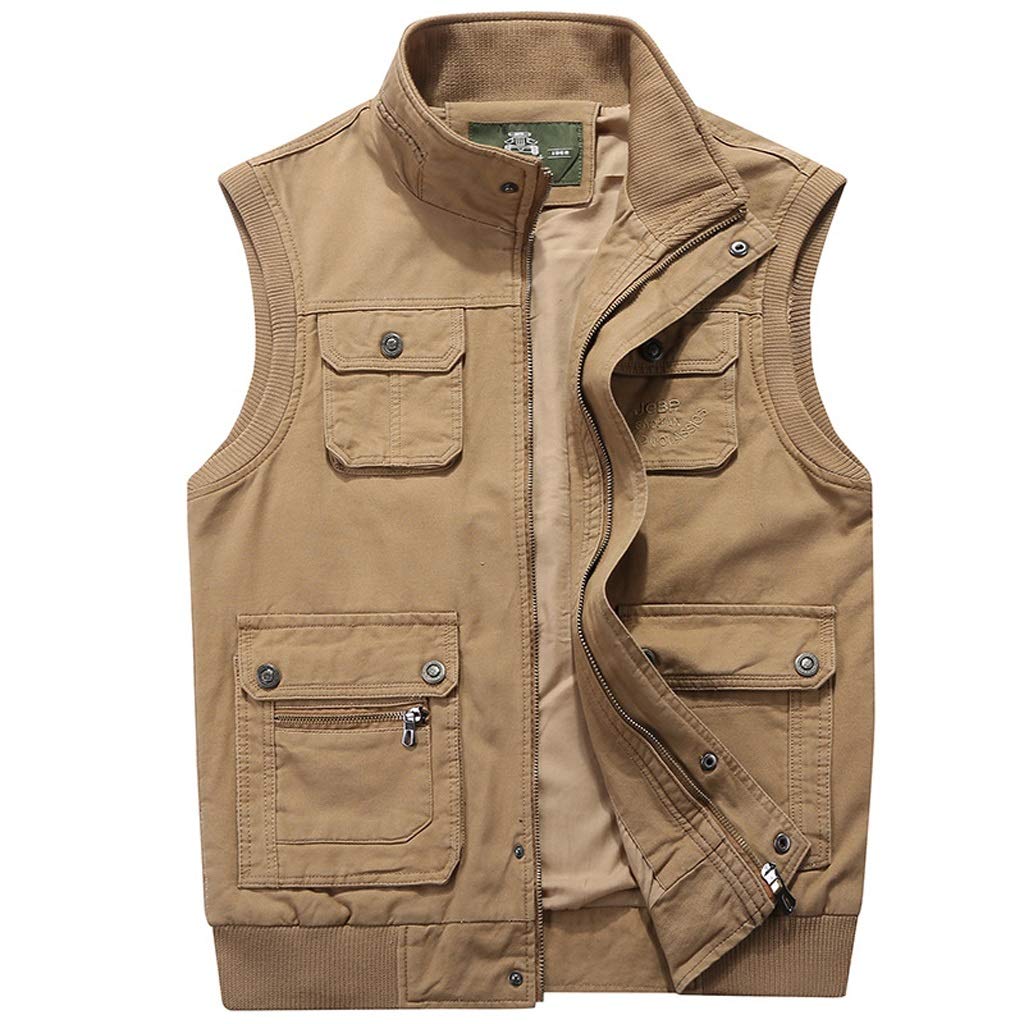 Wytrzymała, bawełniana kurtka outdoorowa z wieloma kieszeniami i kamizelką (Kolor: Khaki, Rozmiar: XXXL)