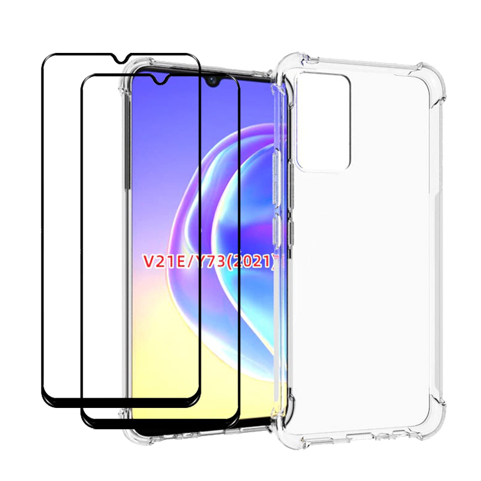 EasyLifeGo for vivo V21e / vivo Y73 2021 Case with Tempered Glass (2 Pieces) Slim Shock Absorption TPU Soft Edge Bumper with Reinforced Corners Transparent Protective Cover