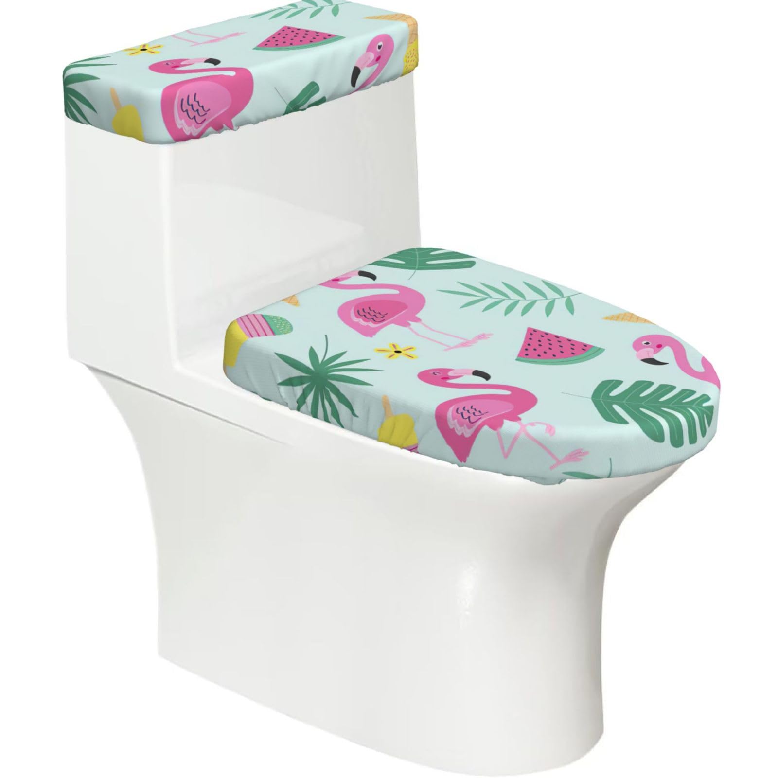 Flamingo Ice Cream Fruit Print Bathroom Decor Toilet Lid Cover And Tank Covers, Restroom Accessories Fits Most Round