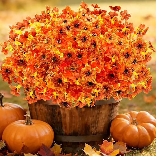 Satefello Artificial Fall Flowers for Outdoors, 10 Bundles Artificial Plants UV Resistant Fall Fake Plants for Outside Halloween Christmas Porch Decoration Fall Decor(Orange(Eucalyptus)) - image 1