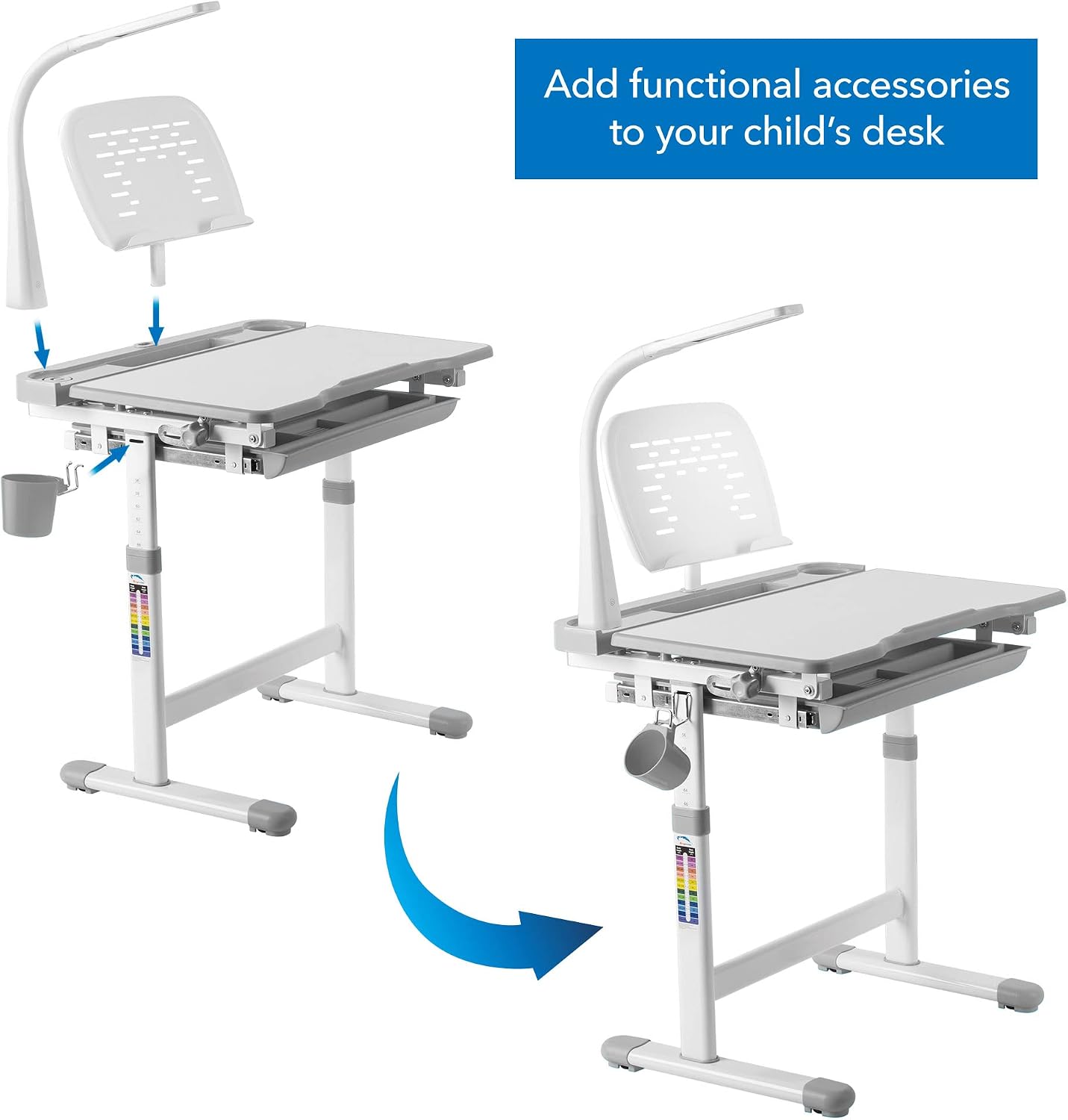 Mount-It! Accessory Kit for Height Adjustable-Kids-Desk | Includes LED-Lamp, Book Holder Shelf and Pencil Holder-Cup, Grey