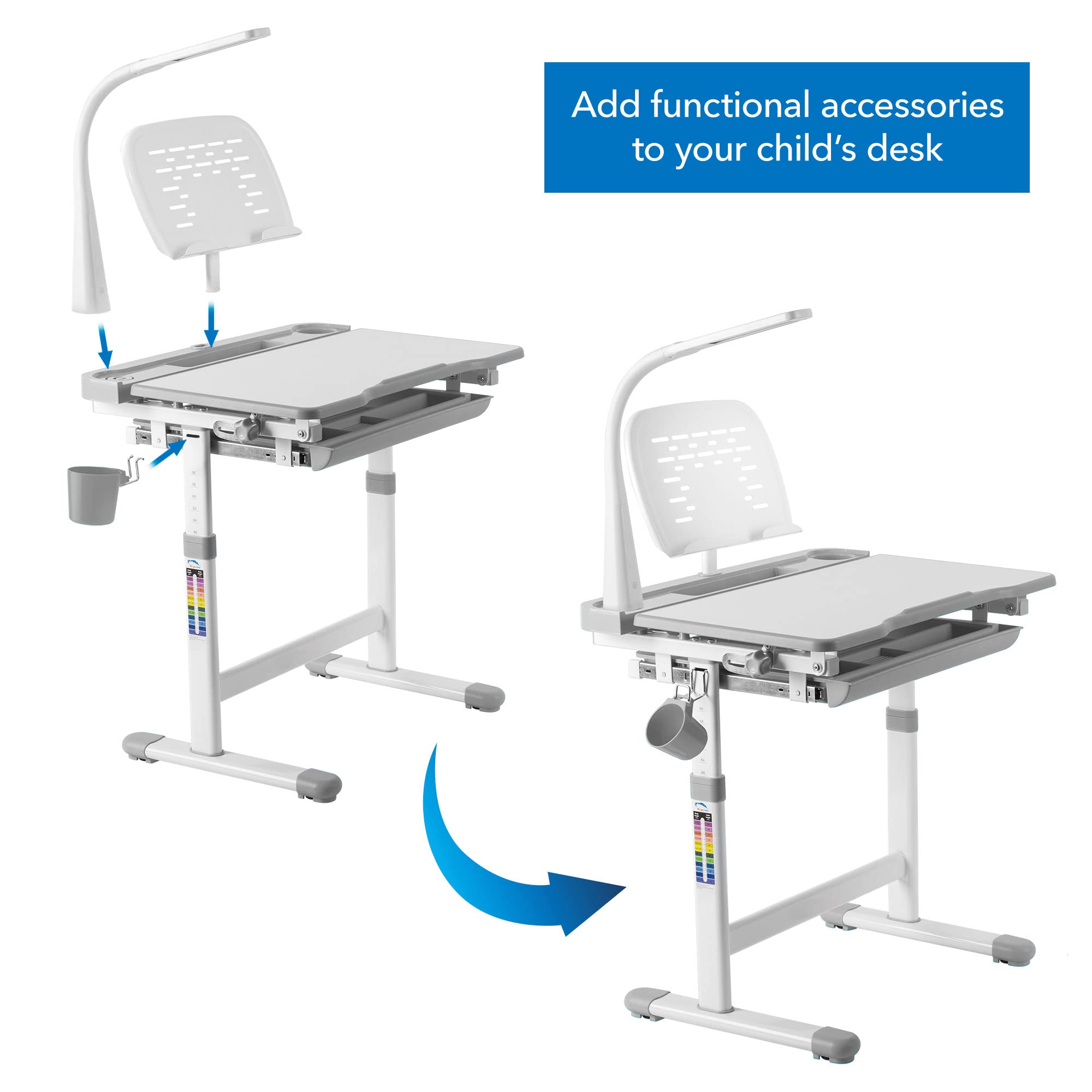 Mount-It! Accessory Kit for Height Adjustable-Kids-Desk | Includes LED-Lamp, Book Holder Shelf and Pencil Holder-Cup, Grey
