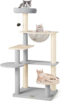 PETSITE 44 Inch Modern Cat Tree, Multi-Level Cat Tower with Sisal Scratching Posts, Space Capsule, and Dangling Toy with Bell, Wooden Cat Tree Tower for Indoor Cats, Grey