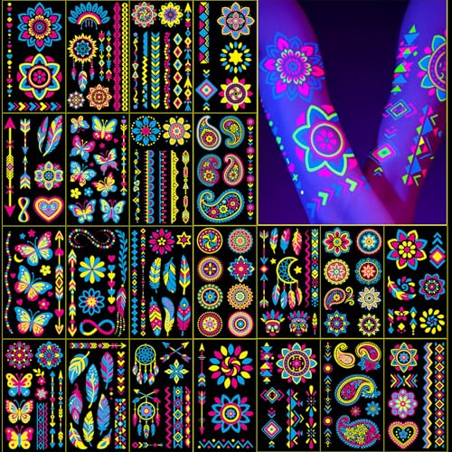 Glow in the Dark Party Supplies Temporary Tattoos 192+ PCS Neon UV Blacklight Reactive Face Tattoos for for Party Supplies Fluorescent Henna Flower Temporary Tattoos for Adults Teens